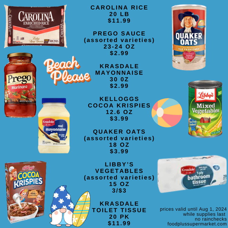 Carolina rice, Prego sauce, Krasdale mayonnaise, Kellogg's cocoa Krispie's, quaker oats, Libby vegetables, Krasdale toilet tissue