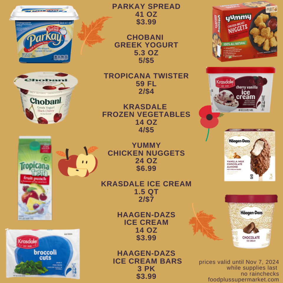 On Sale -parkay spread, chobani greek yogurt, tropicana twister, krasdale frozen vegetables, yummy chicken nuggets, krasdale ice cream, Haagen-das ice cream, Haagen-das ice cream bars