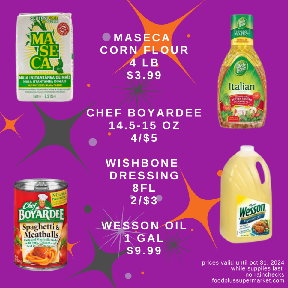 On Sale - Maseca corn flour, Chef Boyardee, Wishbone Dressing, Wesson Oil