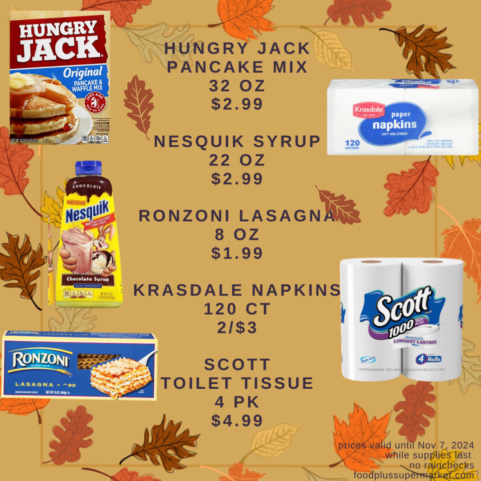 On Sale - hungry jack pancake mix, nesquik syrup, ronzoni lasagna, krasdale napkins, scott toilet tissue