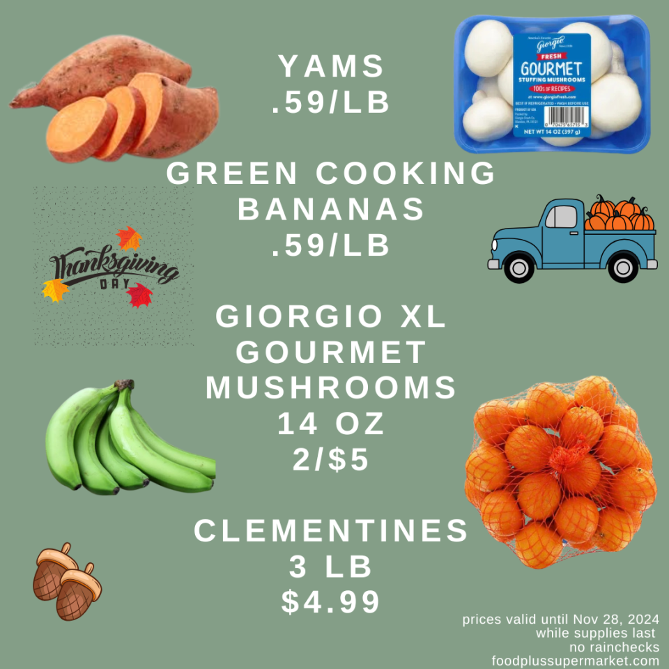 on sale - Yams, green cooking bananas, giorgio xl gourmet mushrooms, clementines