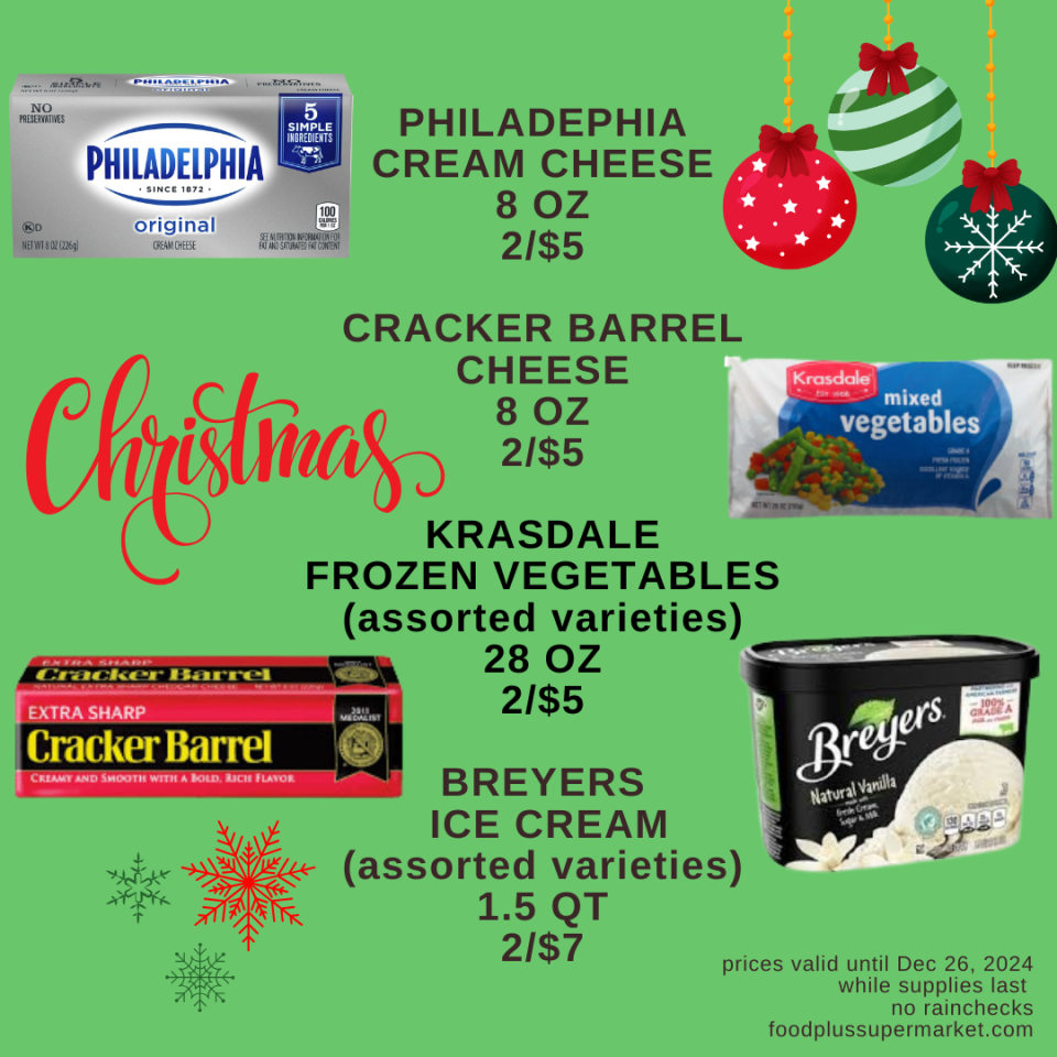 On Sale - Philadelphia cream cheese, cracker barrel cheese, krasdale frozen vegetables, Breyers ice cream