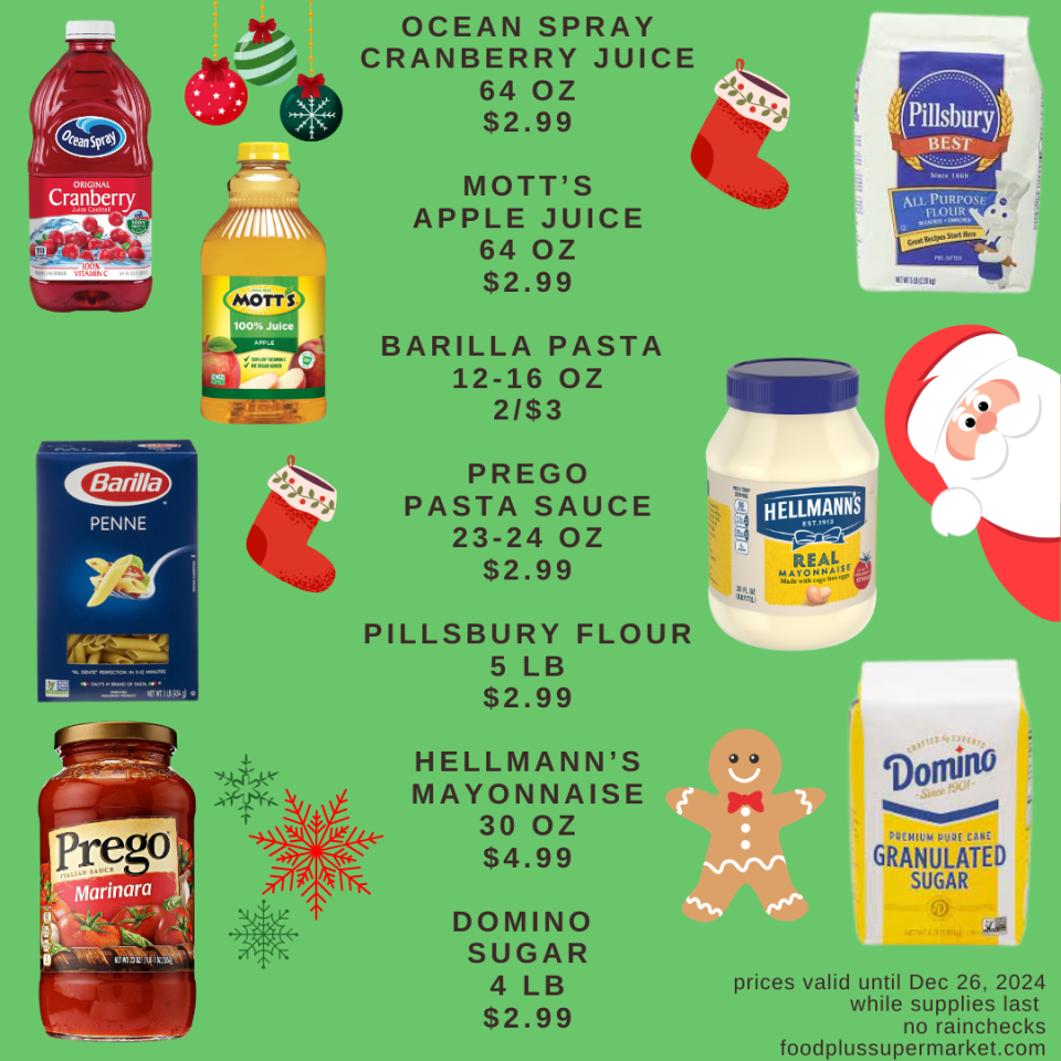 On Sale - ocean spray cranberry juice, motts apple juice, barilla pasta, Prego pasta sauce, Pillsbury flour, Hellman's mayonnaise, domino sugar