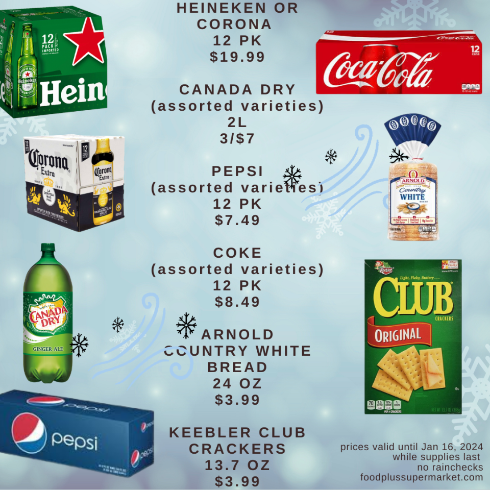 On Sale - Heineken or Corona, Canada dry, Pepsi, Coke, arnold country white bread, keebler club crackers