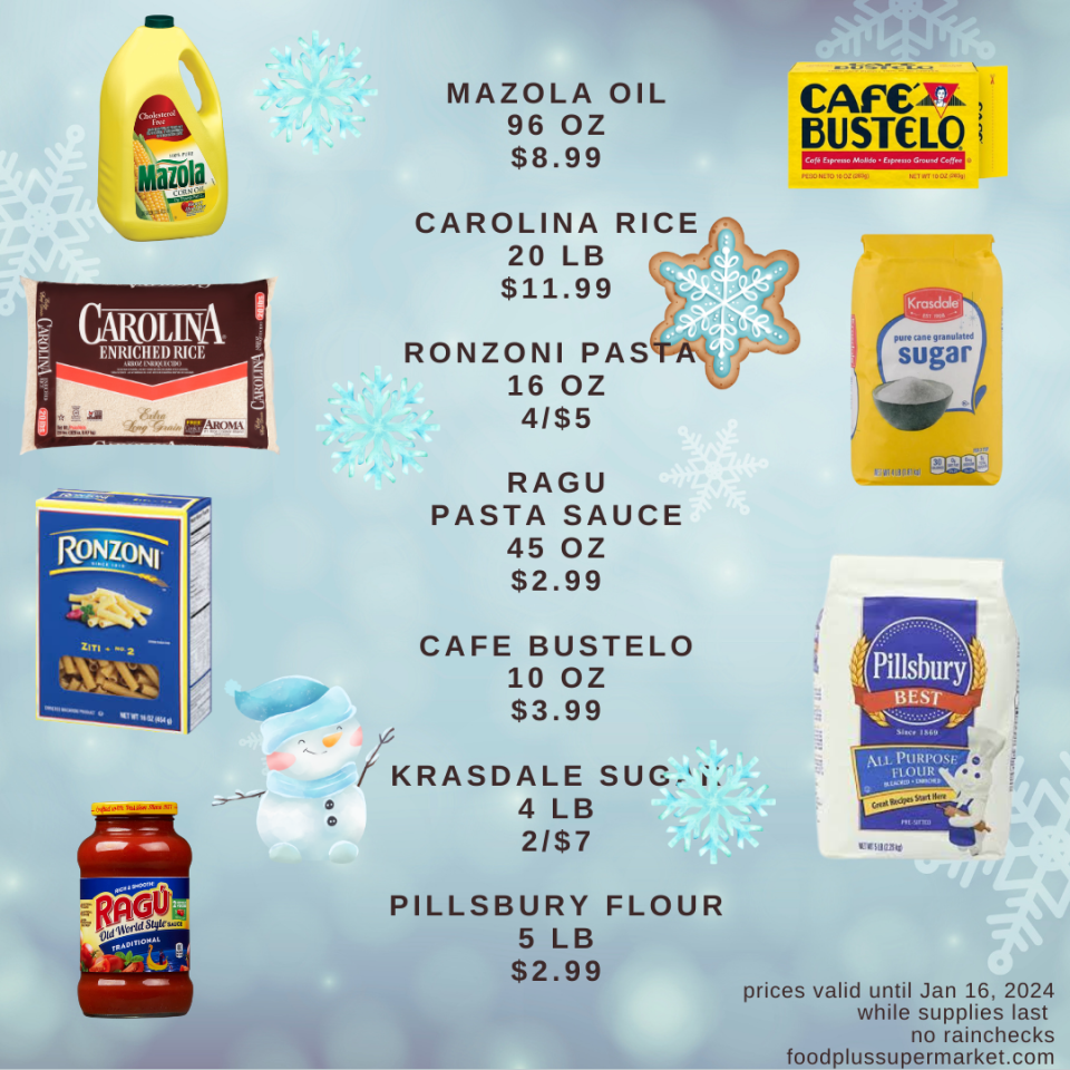 On Sale - Mazola oil, Carolina rice, ronzoni pasta, ragu pasta sauce, cafe bustelo, krasdale sugar, pillsbury flour