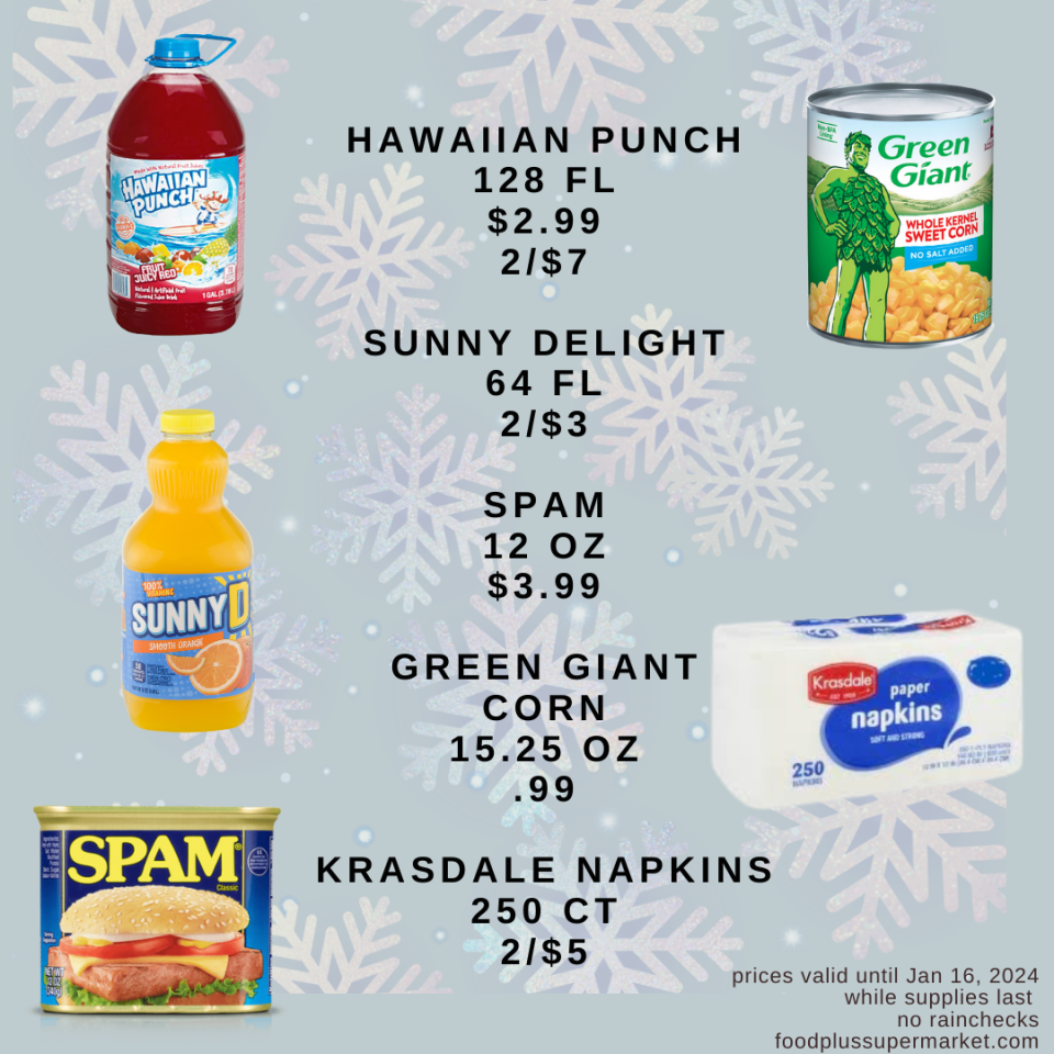 On Sale - Hawaiian punch, sunny delight, spam, green giant corn, krasdale napkins 250 ct