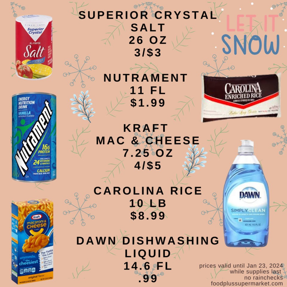 On Sale - superior crystal salt, nutrament, kraft mac & cheese, carolina rice, dawn dishwashing liquid