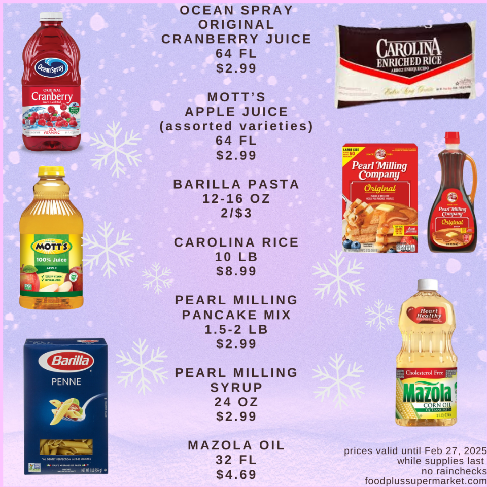 On Sale - Ocean Spray Original cranberry juice, motts apple juice, barilla pasta, carolina rice, pearl milling pancake mix, pearl milling syrup, mazola oil