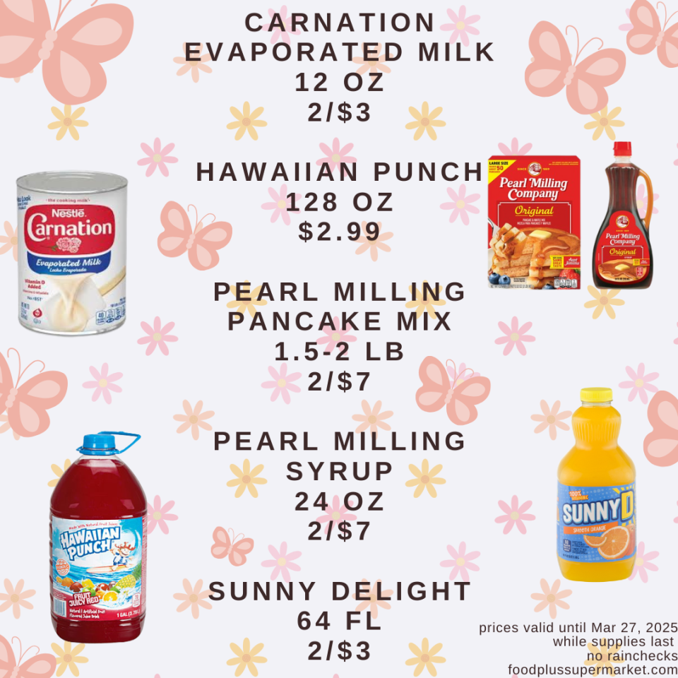 On Sale - Carnation Evaporated Milk, Hawaiian Punch, pearl milling pancake mix, pearl milling syrup, sunny delight